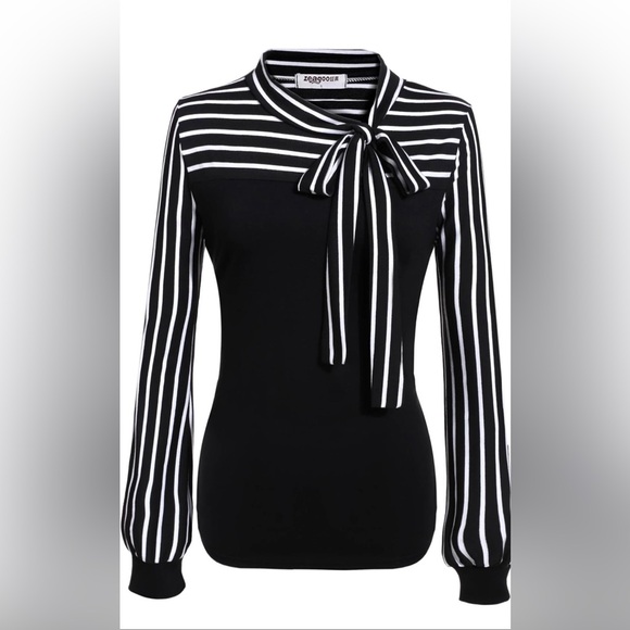 NWT Black & White Striped Blouse with Tie-Bow Neck Sz XL - Picture 1 of 5